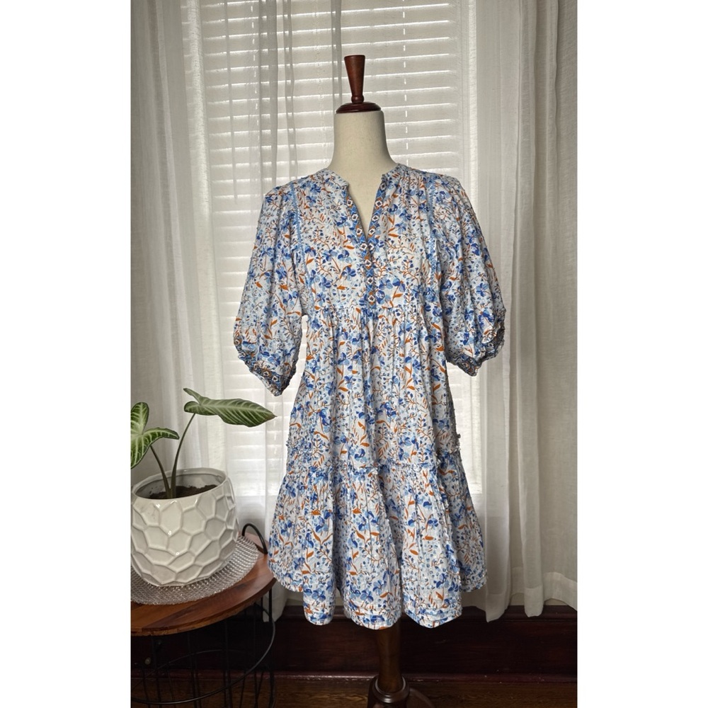 Poupette St Barth Aria Floral Tiered Puff Sleeve Dress in Blue and White Size XS - Picture 2 of 9